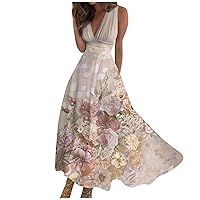 Sun Dress, Elegant Wrap High Waist V Neck Dresses Swing Flowy Beach Vacation Sundress Hawaiian Outfits Dresses Maxi (3XL, Rose Gold)