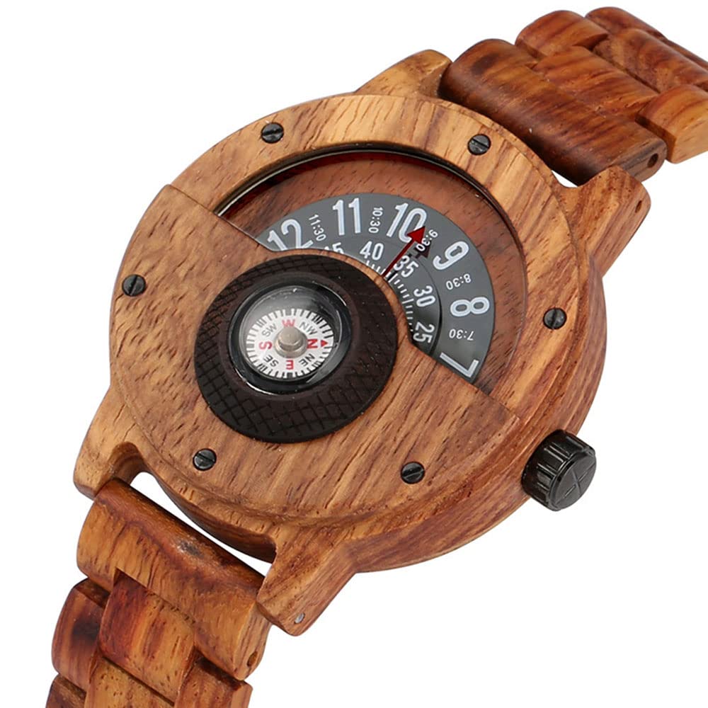 Men's Wooden Bamboo Watch Lightweight Handmade Turntable Compass Quartz Sports Watches