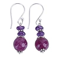 NOVICA Handmade .925 Sterling Silver Amethyst Dangle Earrings Indian Agate Purple Beaded Birthstone [1.5 in L x 0.4 in W x 0.4 in D] 'Graceful Amethyst'
