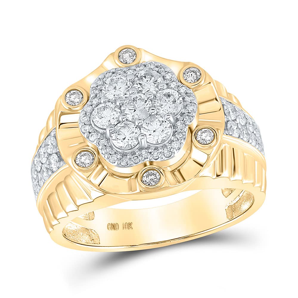 The Diamond Deal 10kt Yellow Gold Mens Round Diamond Flower Cluster Ring 1-1/2 Cttw