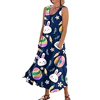 Clearance Winter Coats for Women Easter Dress for Women 2024 Bunny Print Casual Loose Fit Spaghetti Strap with U Neck Sleeveless Flowy Dresses Navy Large