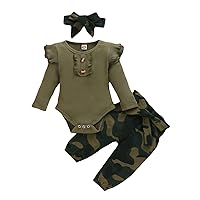 Baby Girl Solid Color Ribbed Bodysuit Ruffle Romper Camouflage Printed Pants with Headband