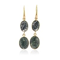 Guntaas Gems Oval Shape Natural Moss Agate Earrings Brass Gold Plated Bezel Set Earring Gemstone Latest Ethnic Dangle Drops Earrings for Women & Girl