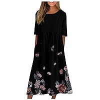 Holiday Home Classic Dress Women Calf-Length Short Sleeve Cotton Cozy for Women Printing Ruched Lightweight Red S