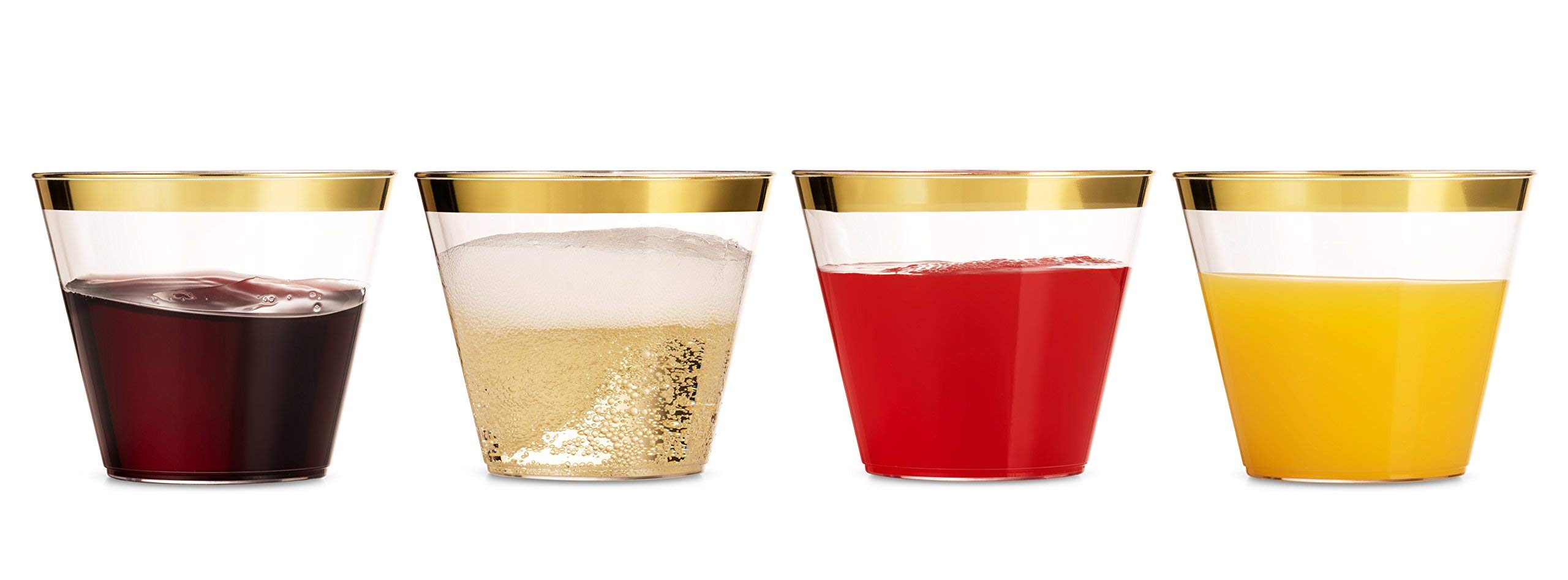 Munfix 100 Gold Plastic Cups 9 Oz Clear Plastic Cups Old Fashioned Tumblers Gold Rimmed Cups Fancy Disposable Wedding Cups Elegant Party Cups with Gold Rim