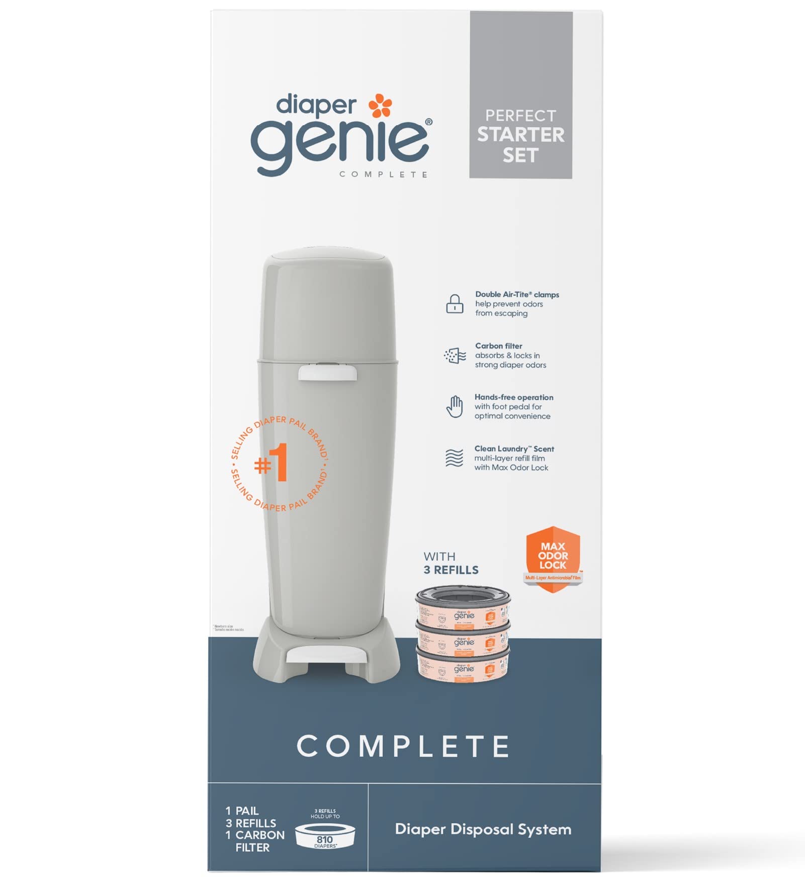 Diaper Genie Complete Diaper Pail (Grey) with Antimicrobial Odor Control | Includes 1 Diaper Trash Can, 3 Refill Bags, 1 Carbon Filter