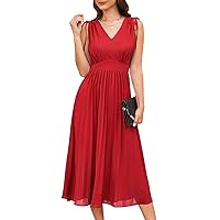 Wellwits Women's Drawstring Ruched Shoulder Pleated Midi Cocktail Vintage Dress