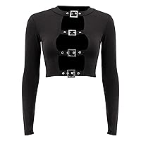 jascaela Women's Sexy Hollow Out Long Sleeve T Shirts Solid Black Cutout Crop Tops with Buckle for Rave Club Dance Party