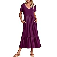 Women's Summer Casual Short Sleeve V Neck Swing Dress Casual Flowy Tiered Maxi Beach Dress with Pockets