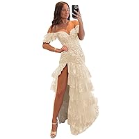 Off The Shoulder Lace Tulle Tiered Prom Dresses Long Sparkly Corset Formal Evening Party Gowns with Slit
