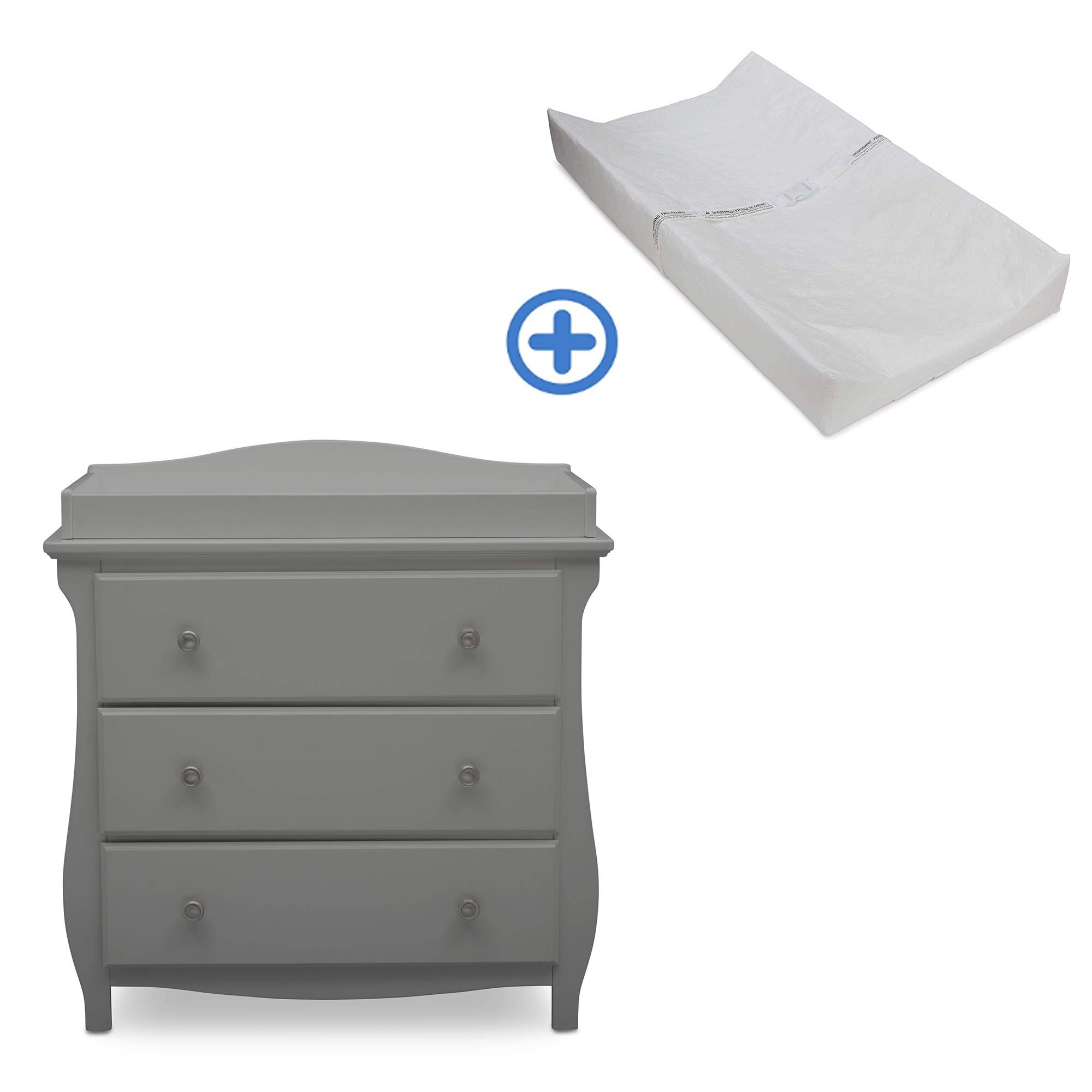 Delta Children Lancaster 3 Drawer Dresser with Changing Top, Grey and Contoured Changing Pad, White