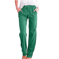 Womens High Waist Cotton Linen Pants Summer Lightweight Straight Leg Trousers Drawstring Casual Loose Beach Pants