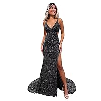 Dexinyuan Sexy Mermaid Sequin Prom Dresses 2024 Slit Spaghetti Straps Formal Party Evening Gown with Train