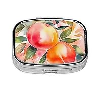 Colorful Peach Watercolor Design Pill Box 2 Compartment Small Pill Case for Purse & Pocket Metal Medicine Case with Mirror Portable Travel Pillbox Medicine Organizer