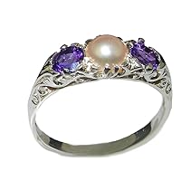 925 Sterling Silver Cultured Pearl and Amethyst Womens Band Ring