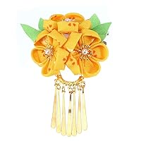 Amosfun Japanese Hairpin Kimono Flower Hair Clip Kanzashi Flower Hair Tie Band Clip for Women Girls (Yellow)