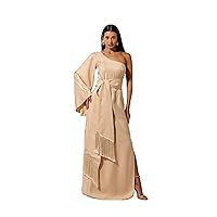 Long Dress one-Shoulder Design, with Bell Sleeves, Side Slits and Comes with a Fringed Belt