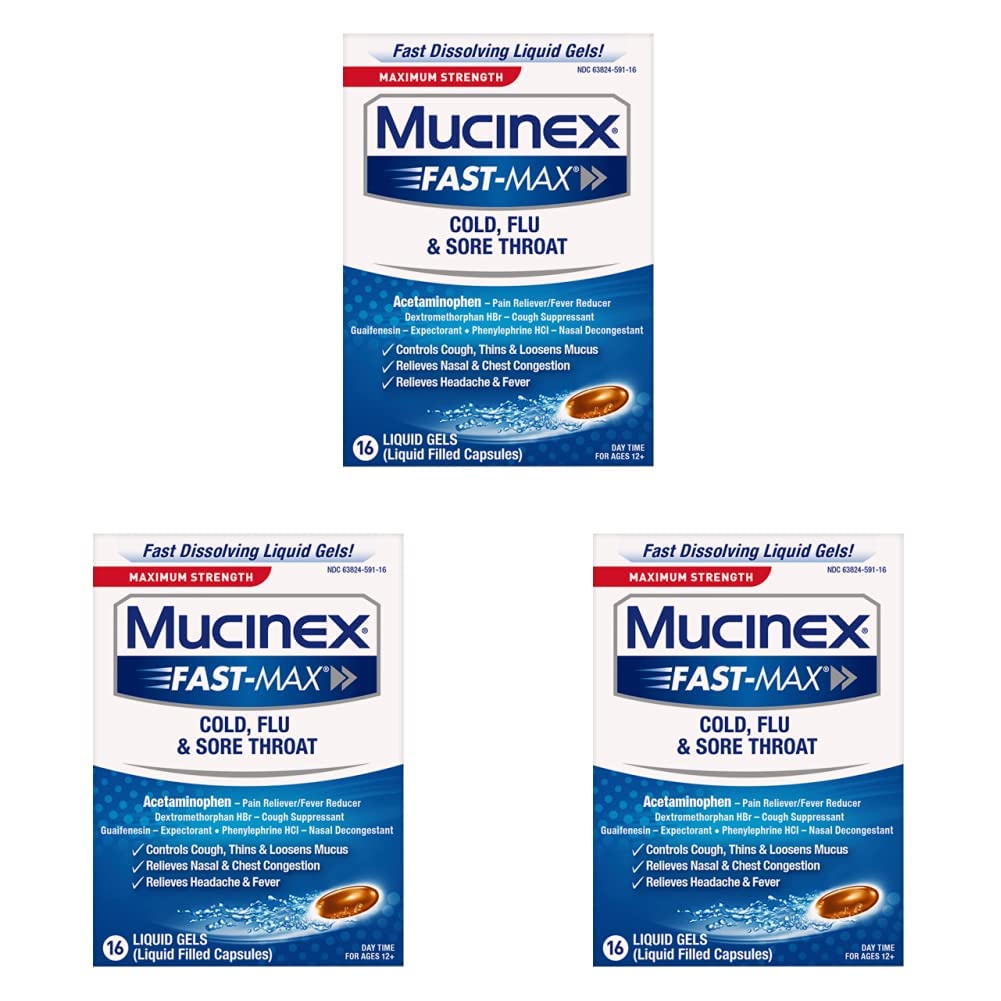 Mucinex Maximum Strength Fast-Max Cold, Flu, & Sore Throat Liquid Gels, 16ct, Controls Cough, Thins & Loosens Mucus, Relieves Nasal & Chest Congestion, Headache & Fever (Pack of 3)