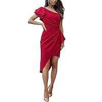 BTFBM Women 2024 Summer Fashion Elegant One Shoulder Cocktail Dress Ruffle Sleeve Wrap Ruched Bodycon Short Party Dresses
