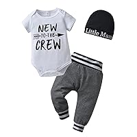 KuKitty 3Pcs Newborn Baby Boy Clothes Summer Short Sleeve New To The Crew Romper + Pants + Hat Outfits Set (0-3 Months) White