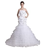 White Strapless Layered Tulle Skirt Mermaid Wedding Dresses With Flowers