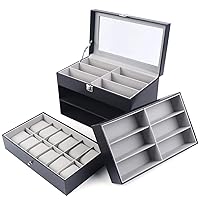 TBVECHI Jewelry Box, Black Leather Watch Box Jewelry Case and Eyeglasses Storage and Sunglass Glasses Display Drawer Lockable Case Organizer (12 watch boxes + 12 eyeglasses storage)