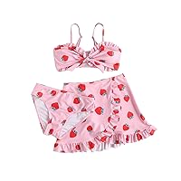 OYOANGLE Girl's 3 Piece Bikini Set Strawberry Print Swimwear Bathing Suit Swimsuit and Beach Skirt