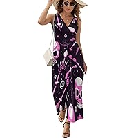 Cool Goth Skulls Women's Sleeveless Dress V Neck Flowy Hem Sundresses Summer Beach Maxi Dress