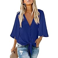 ZEFOTIM 3/4 Sleeve Shirts for Women,Summer Classic Plain Button Down Tops Shirts Casual Bell Sleeve Deep V-Neck Blouse Tees