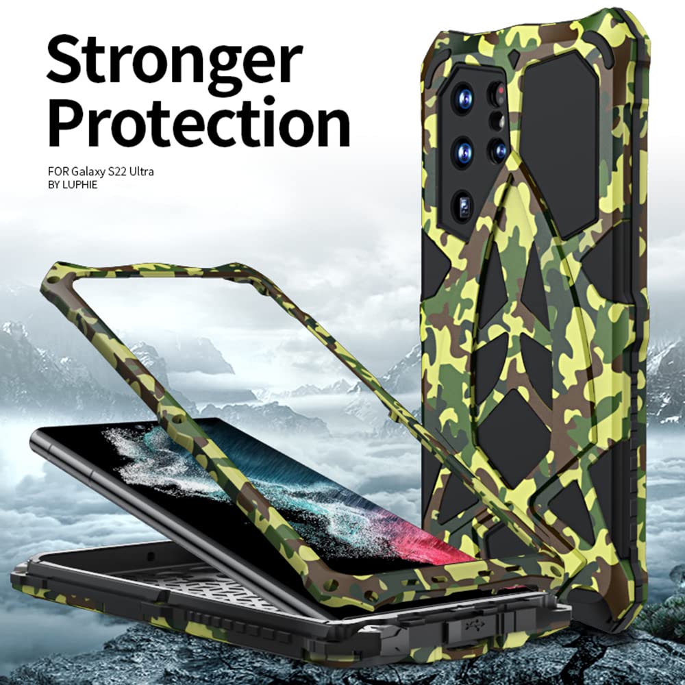 CeeEee Galaxy S22 Ultra 5G Case Tough Military Protective Metal Cover for Samsung S22ultra Built-in Shock Proof Silicone - Camo