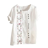 Linen Shirts for Women, Women's Cotton Summer Autumn Retro Casual Loose Short Sleeved T-Shirt Long, S, XL