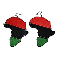 Women's Red Black and Green Pan-african Flag Map Dangling Hoop Wooden Earrings with Silvertone 4