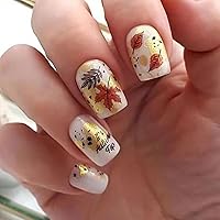 Fall Press on Nails Medium Square Fake Nails Maple Leaf Glue on Nails Autumn False Nails with Maple Leaves Design Full Cover Fall Acrylic Nails Set for Women Girls Thanksgiving Nails Decoration,24Pcs