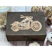 Classic Motorcycle Enthusiast Gift, Laser Engraved Wooden Box with Detailed Bike Design, Perfect for Collectors, Handcrafted with Fenders, Headlight, Exhaust Pipes Imagery, Unique Keepsake.