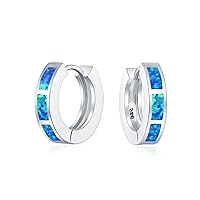 White and Blue Created Opal Inlay Iridescent Huggie Hoop Earrings For Women Teen Rose Gold Plated .925 Sterling Silver October Birthstone