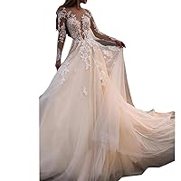 A-Line Wedding Dresses Bateau Neck Lace Tulle Long Sleeve Formal See-Through