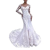 Melisa Illusion Long Sleeves Lace Mermaid Wedding Dresses for Bride with Train Beach Bridal Ball Gowns Plus Size