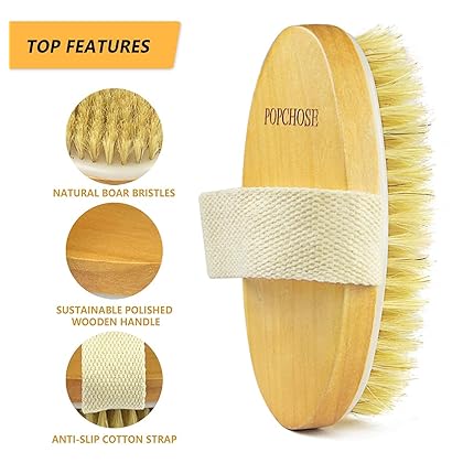 Dry Brushing Body Brush, POPCHOSE Exfoliating Body Scrubber for Flawless Skin, Natural Bristle Dry Skin Brush for Cellulite Treatment, Lymphatic Drainage, Blood Circulation Improvement,Medium Strength