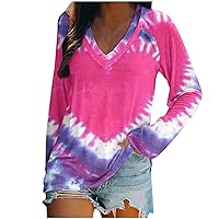 Sinzelimin Long Sleeve Shirts for Women Fashion Gradient Tie-dye Printed T-Shirt Casual V-Neck Slim Tee Blouse Tunic Tops