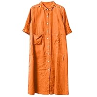 Plus Size Women Button Down Dress Cotton Linen 3/4 Sleeve Lapel Dressy Casual Loose Fit Shirt Dresses with Pockets