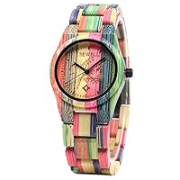BEWELL Wooden Wrist Watches Women Men Analogue Quartz Movement Colorful Band Watch Bamboo Bracelet Round Lightweight Timepiece for Unisex