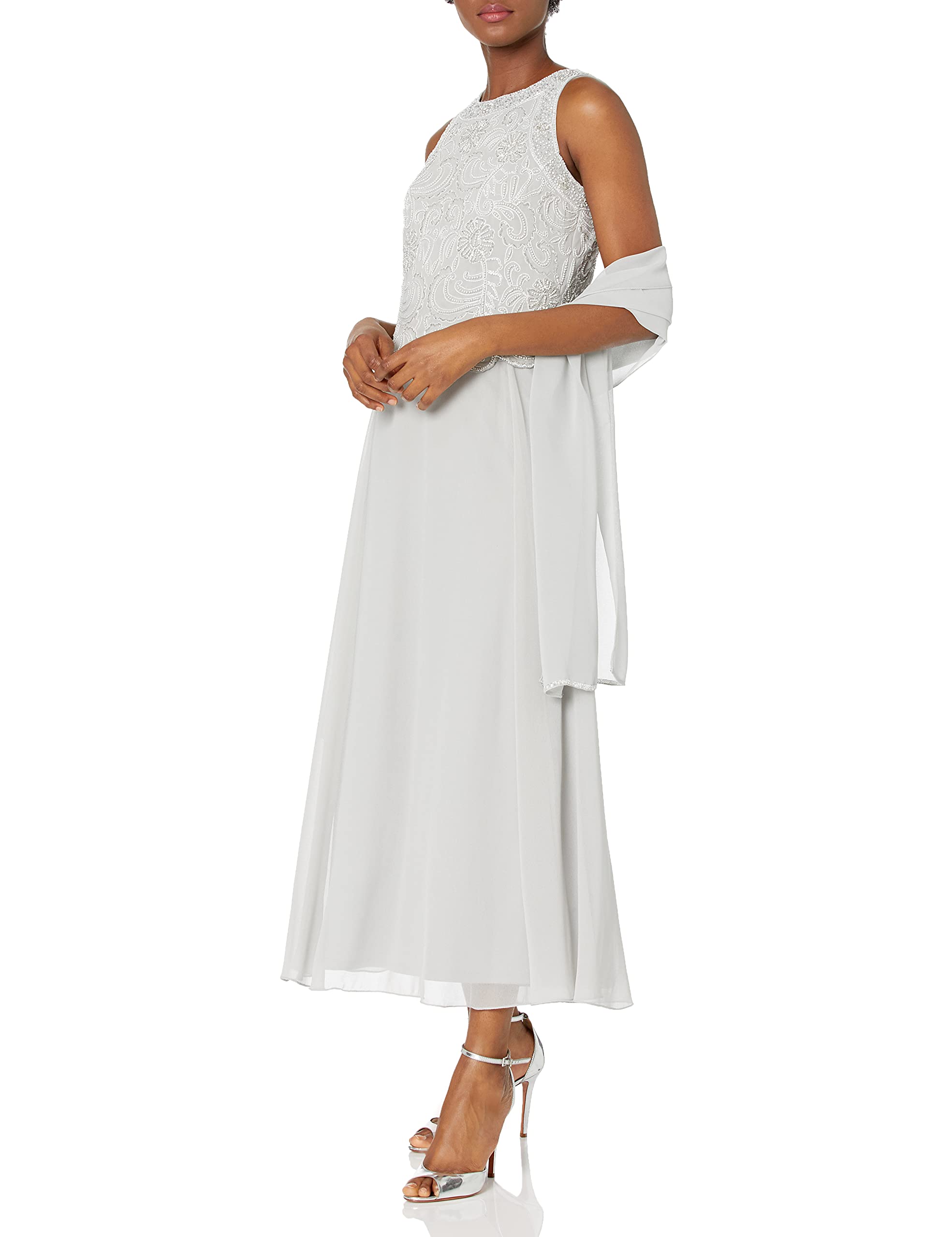 J Kara Women's Sleeveless Scallop Long Beaded Dress W/Scarf Petite