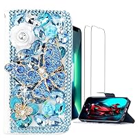Glitter Wallet Phone Case Compatible with Samsung Galaxy Note 20 Ultra 5G - 3D Luxury Girls Women Shiny Bling Handcrafted Leather Cover with Screen Protector (2 Pack) - Blue Butterfly