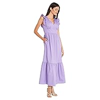 Maggy London Women's V-Neck Ruffle Details Cotton Poplin Maxi Dress