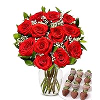 From You Flowers - One Dozen Red Roses with Belgian Chocolate Covered Strawberries with Glass Vase (Fresh Flowers) Birthday, Anniversary, Get Well, Sympathy, Congratulations, Thank You
