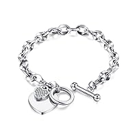 Harlorki Men’s Personalized Stainless Steel Cuban Chain Rhinestone Love Heart Pendant Charm Bracelet Wrist Cuff Birthday Gift Jewelry