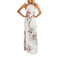 Women's Bohemian Round Neck Trendy Glamorous Print Dress Casual Loose-Fitting Summer Sleeveless Long Flowy Beach Swing White
