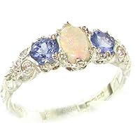 925 Sterling Silver Real Genuine Opal and Tanzanite Womens Band Ring