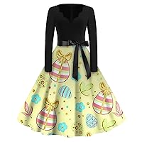Women's Easter Dresses for Girls Fashion V-Neck Casual Slim Print Long Sleeve Dresses, S-5XL