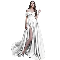 Ball Gown Satin Prom Dresses Long Off Shoulder Split Formal Wedding Dress for Women with Pcoket